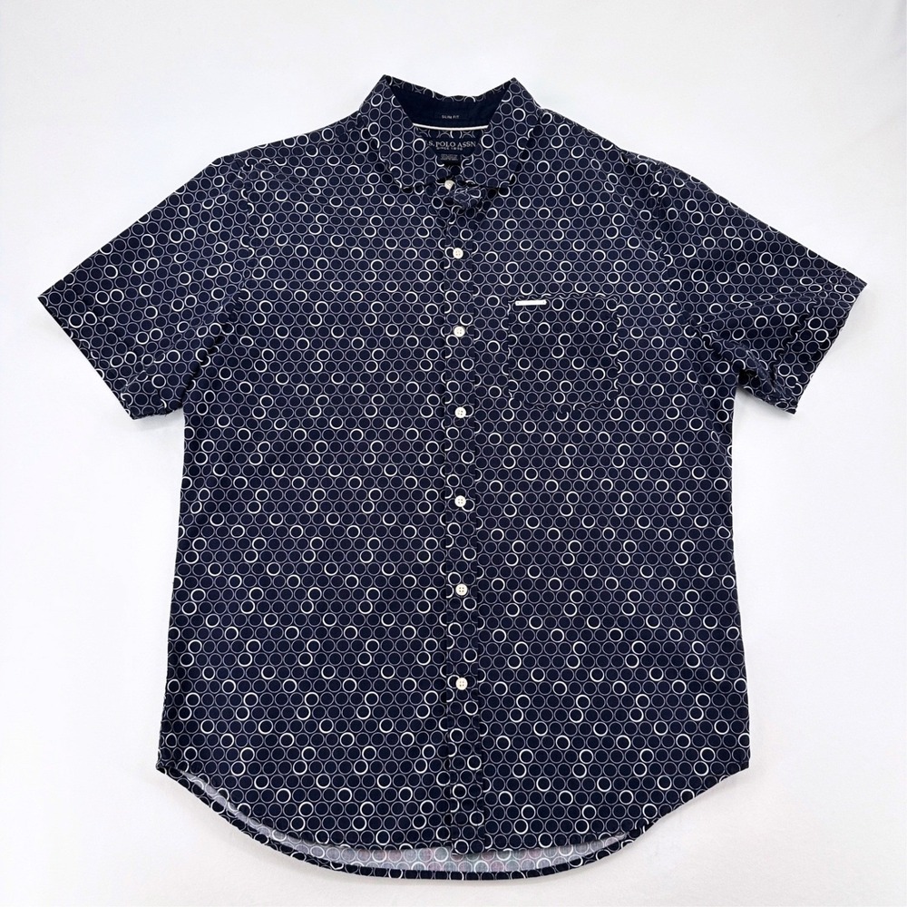 US Polo Assn Mens Slim Fit Short Sleeve Button Down Shirt Navy Circle Print L